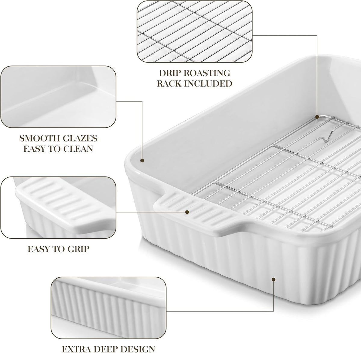 MALACASA 4.4 QT Baking Dishes with Rack,Casserole Dishes for Oven,White