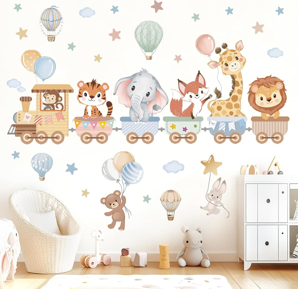 wondever Jungle Animals Train Wall Decals Hot Air Balloon Wall Stickers
