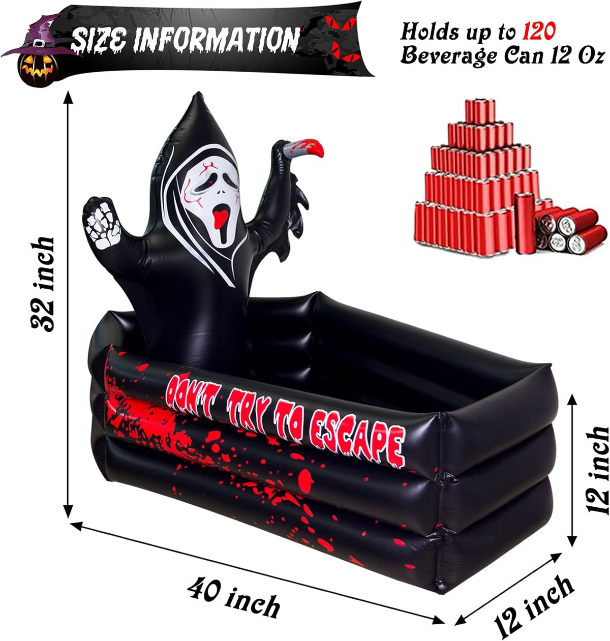 40 Inch Halloween Party Decorations Inflatable Cooler, 100+ Cans Halloween Party Supplies Large Capacity Scary Coffin Ghost Ice Bucket for Drink Beverage Holder, Halloween Decor for Outdoor Indoor