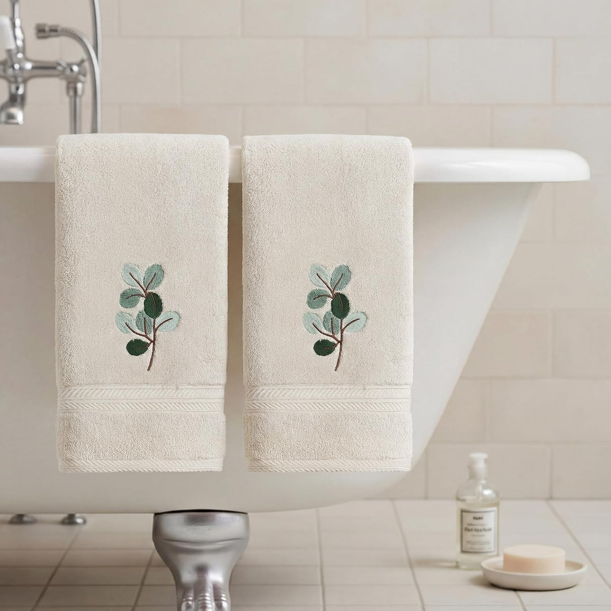 Artoid Mode 2 Pcs Beige Eucalyptus Leaves Embroidered Hand Towels for Bathroom, Cotton Soft Absorbent Farmhouse Decor Towels, 13.7 x 29.5 Inch