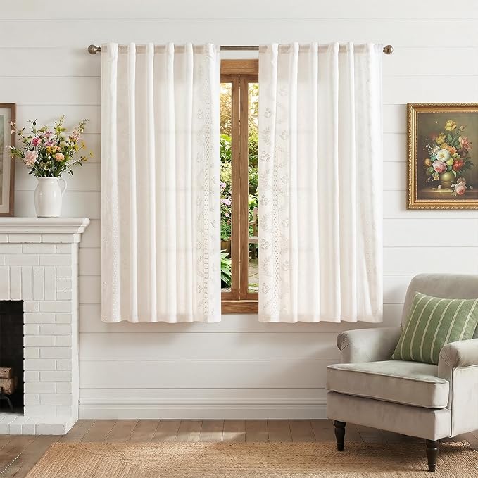 jinchan Belrose Linen Floral Cafe Curtains 54 Inch Length Embroidered Farmhouse - Image 2