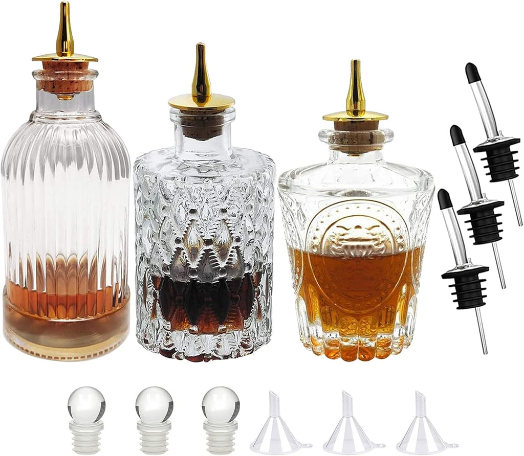 LINALL Bitters Bottle Set - Syrup Bottles with Stainless Steel Pourers, Glass Vintage Bottle,