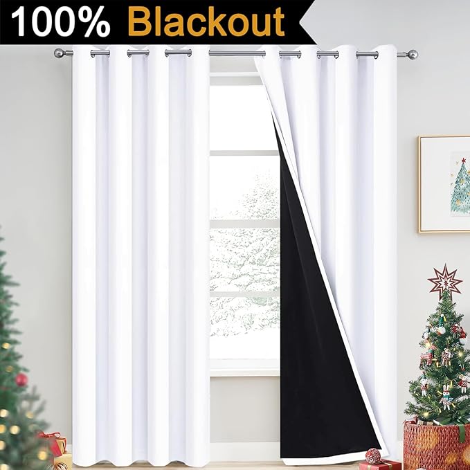 Yakamok Pure White 100% Blackout Curtains, 2 Thick Layers Completely Blackout - Image 2