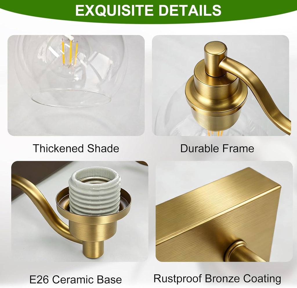 IZORRO Bathroom Light Fixtures, 3-Light Brushed Gold Vanity Light, Modern Wall Sconces with Globe Clear Glass Shade, Vanity Lighting Fixtures Over Mirror,E26 Bulb Socket