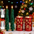 Lezonic Christmas Flameless Candles with Remote, Green Christmas Tree Flickering Battery Operated Window Candlesticks, Red Glass Xmas New Year Decorations Gifts, Set of 4 Real Wax LED Candles