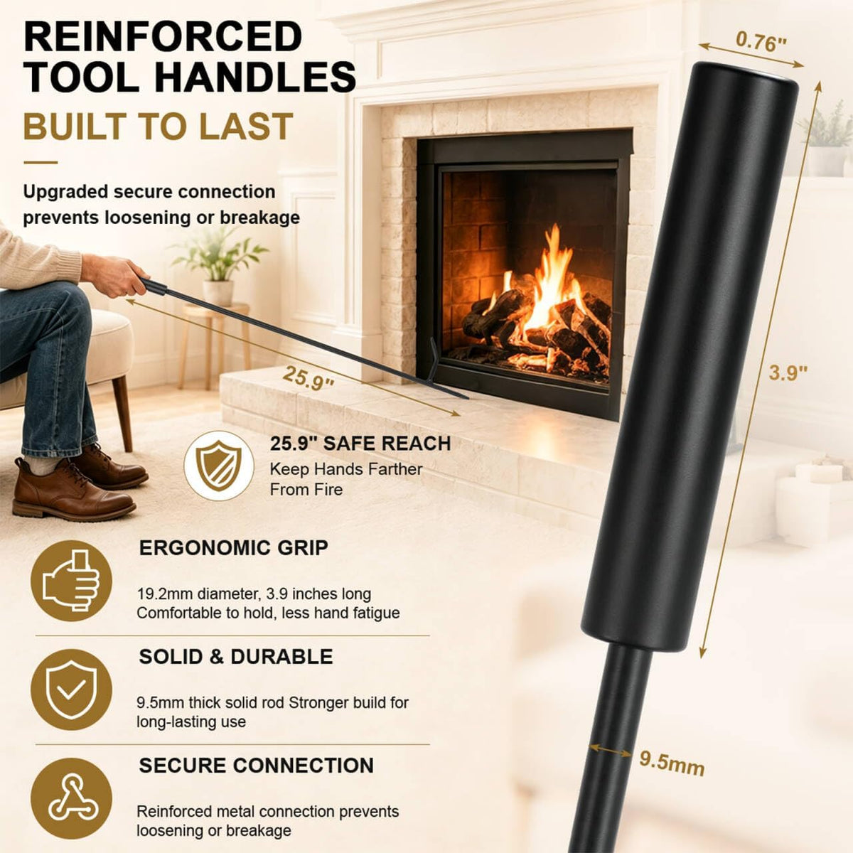Fireplace Tools Set with Log Rack Holder, Heavy-Duty Steel Frame