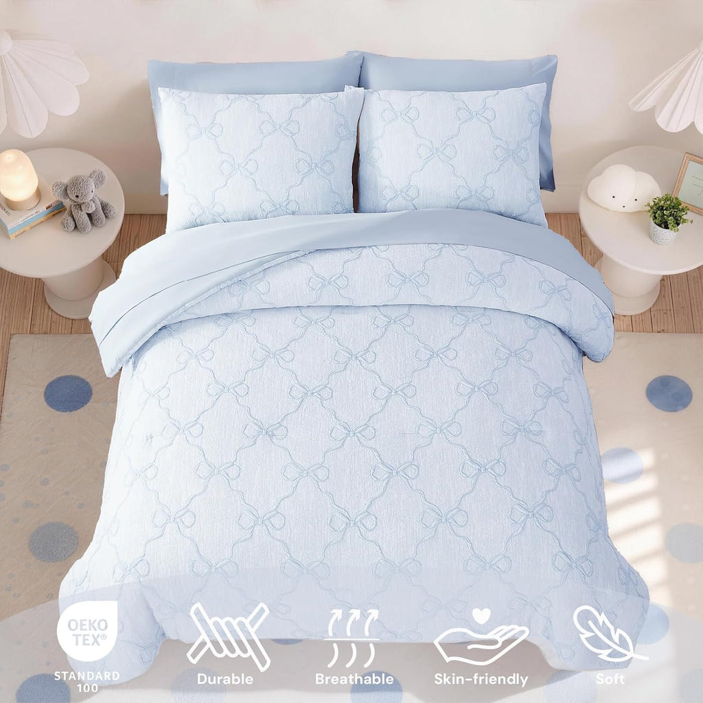 Full Size Comforter Sets for Girls - 7 Pieces Blue Bow Bed in a Bag