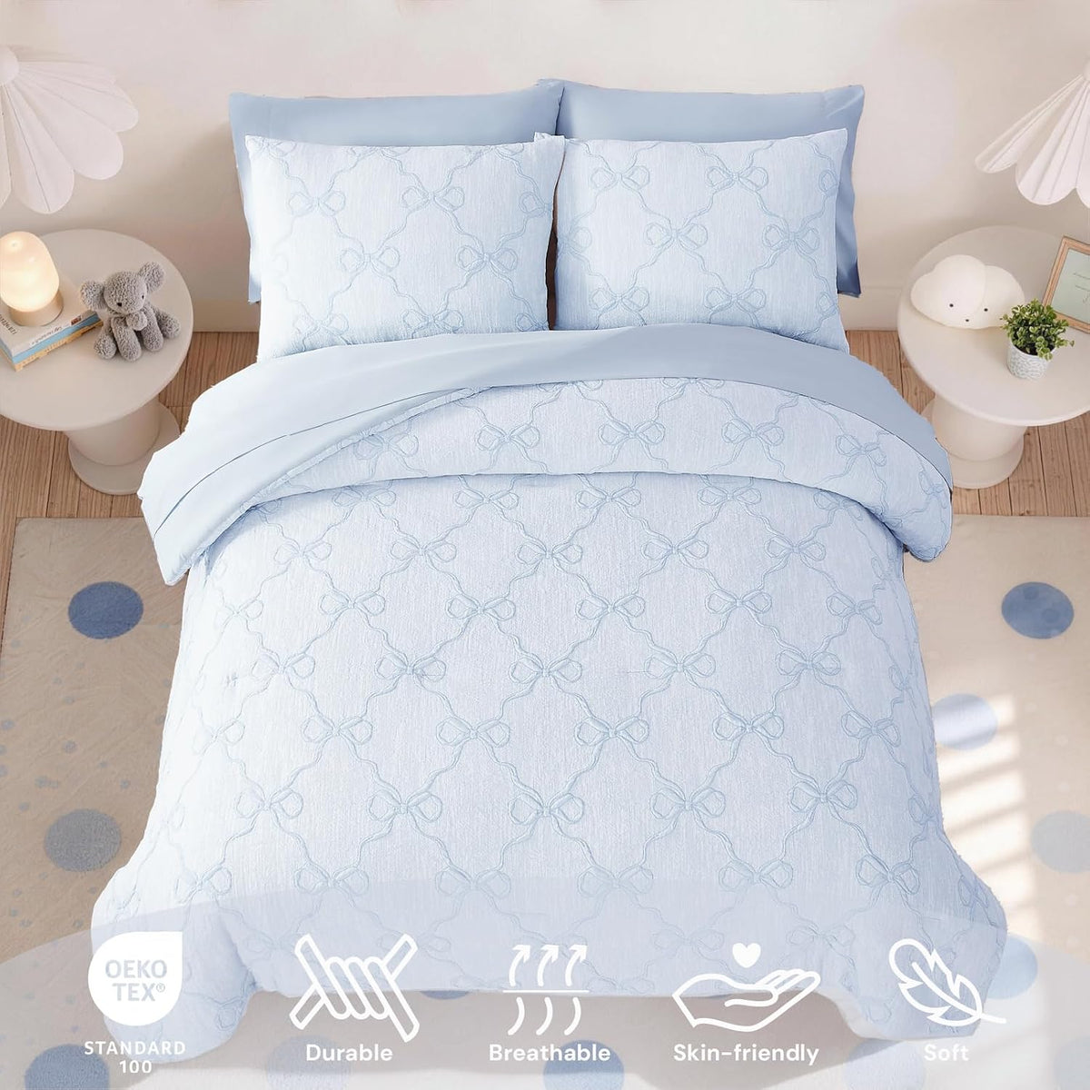 Full Size Comforter Sets for Girls - 7 Pieces Blue Bow Bed in a Bag