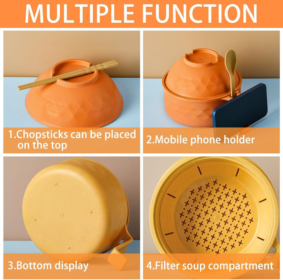 12 Pcs Microwave Ramen Cooker Set 40oz Bowl, Yellow, Orange