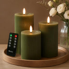 LEDHOLYT Rechargeable Ribbed Fluted Real Wax LED Flameless Candles with Remote and Timer, Flickering Fake Flame Candles for Festival Wedding Home Party Decor(Olive Green)