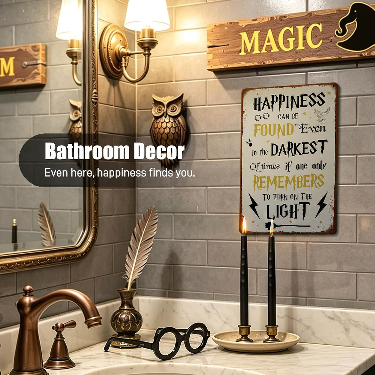 Happiness Can Be Found Even In The Darkest Metal Signs, Vintage Magic Sign for Movie Wizard Theme Lovers Office Decor Motivational Room Wall Decor, 12x8 Inches
