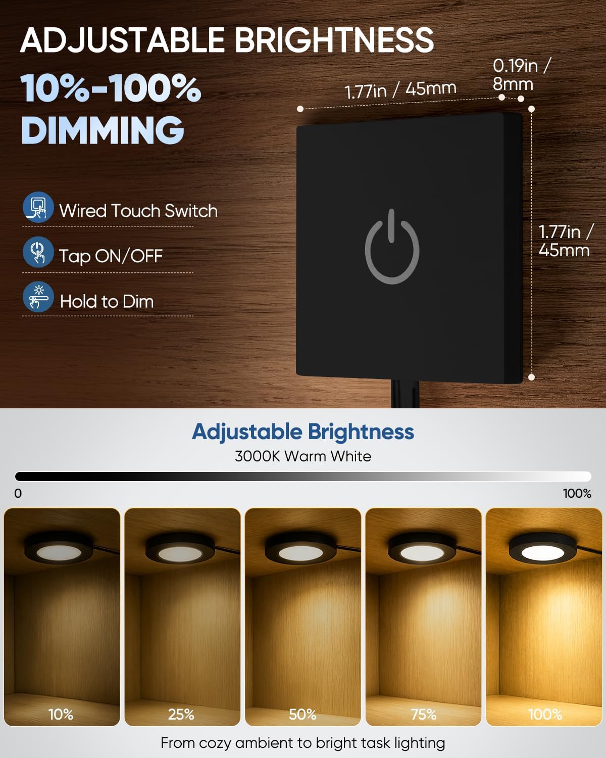 VST Under Cabinet Lighting Plug in with Wired Touch Dimmer Switch,Recessed or Surface Mount Design,Warm White 3000K 12V 2W(12W Total, 60W Equivalent),6 Pack Black Puck Lights Fixtures