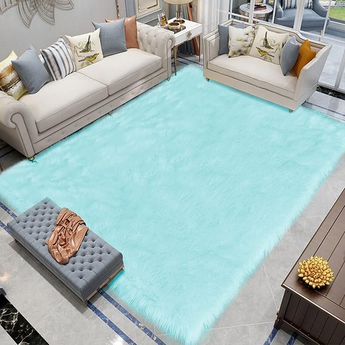 Latepis Light Blue Area 8x10 Faux Sheepskin Fur Rug Teal Rugs by Latepis