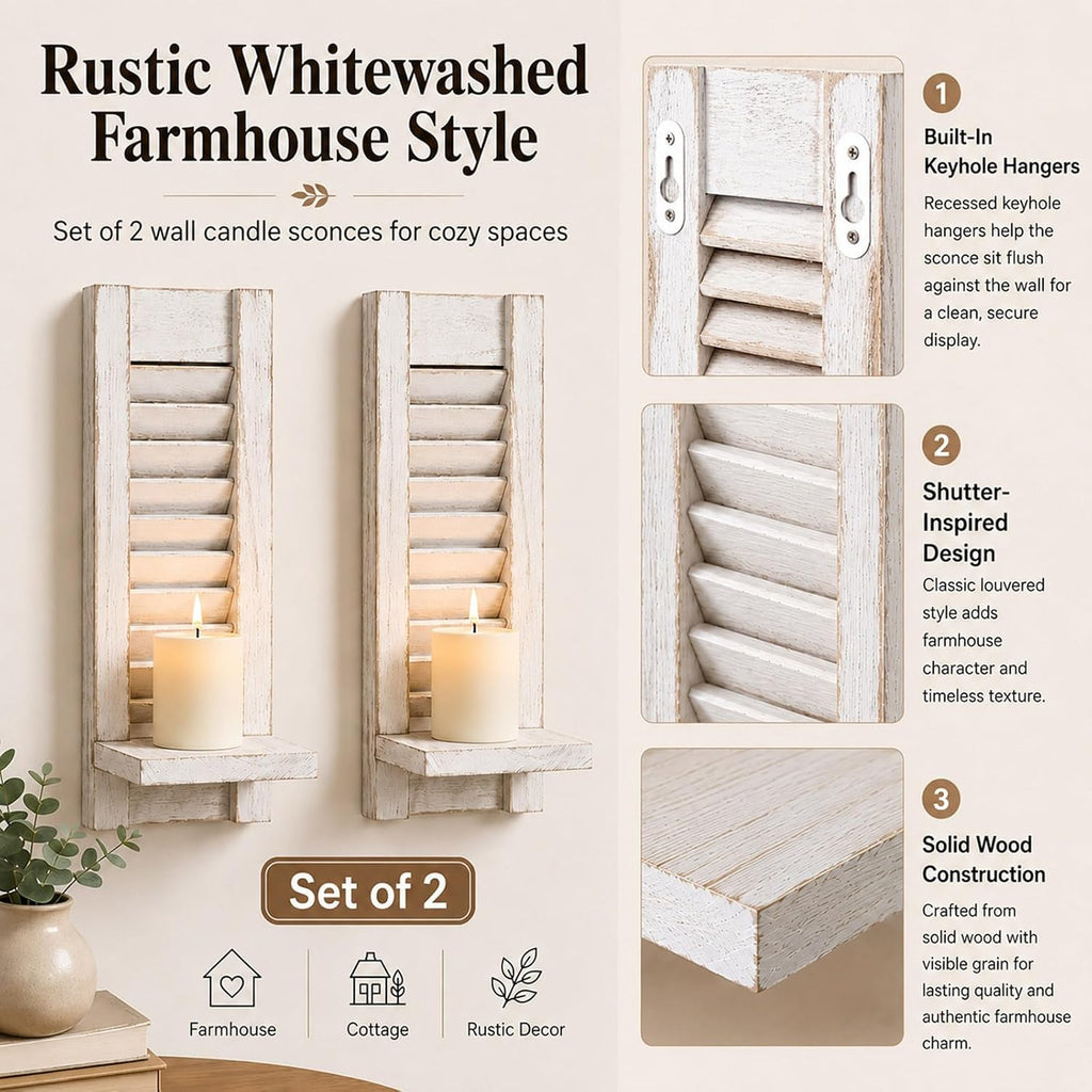 Farmhouse Wall Candle Holders Set of 2, White Wood Shutter Decor