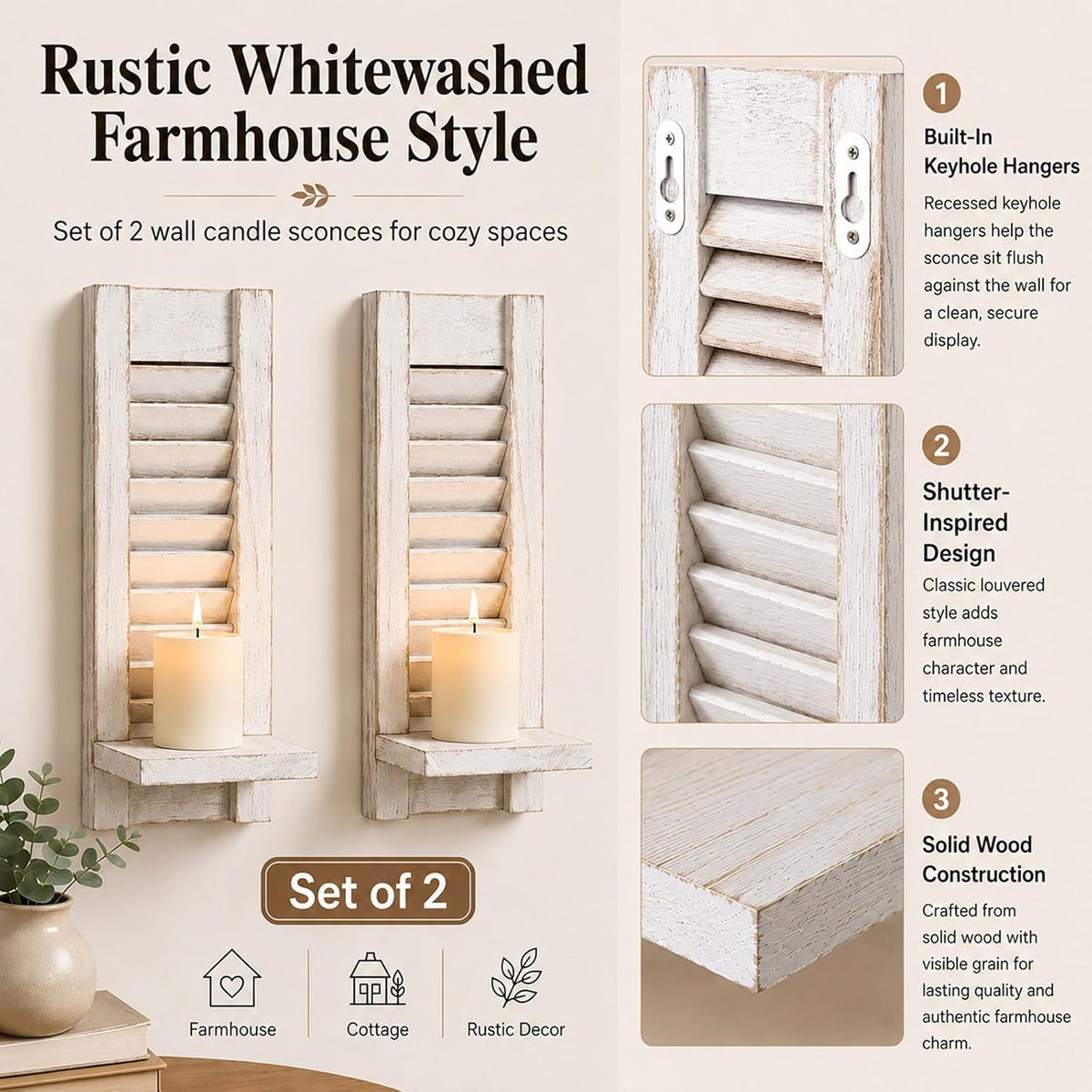 Farmhouse Wall Candle Holders Set of 2, White Wood Shutter Decor