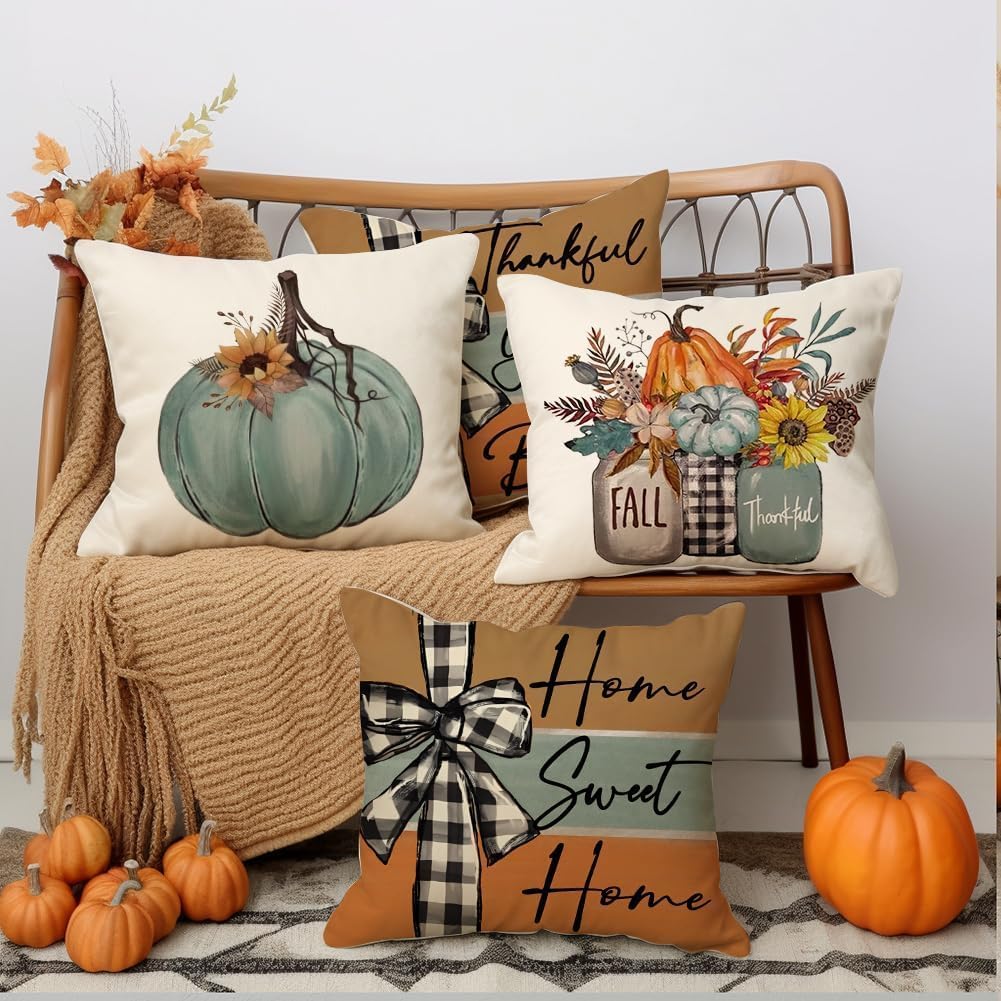 RABUSOFA Fall Pillow Covers 16x16 Aqua Pumpkin Fall Decorations for Home