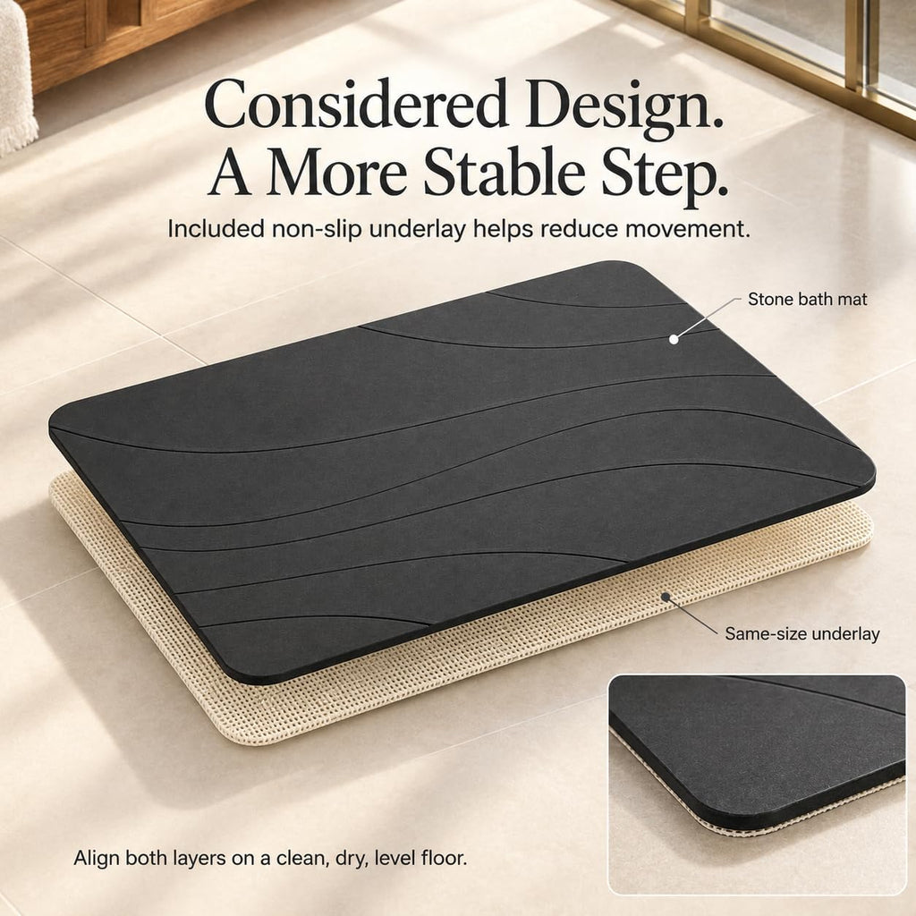 Stone Bath Mat, Quick Drying Bath Mat for Bathroom, Diatomaceous Earth Mat, Quick Dry Shower Mat, Fast Absorbent, Elegant Design, Easy to Clean - Black 23.6×15.35