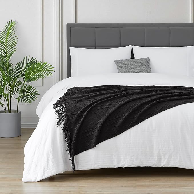 BOURINA Black Throw Blanket 50x60 Inches Throw Textured Solid Soft Sofa Couch - Image 4