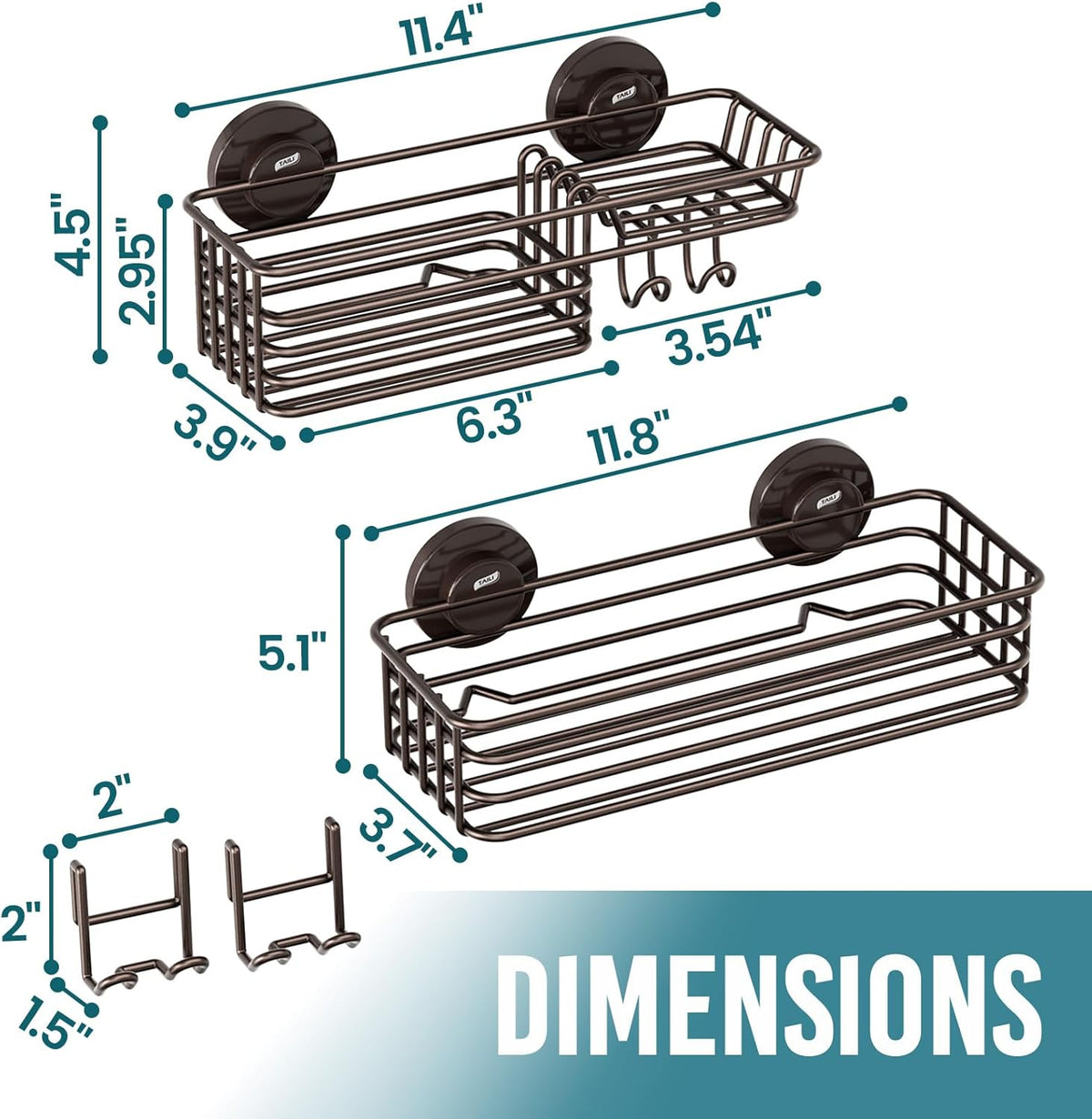 TAILI Shower Caddy Suction Cup 2 Pack with Hooks & Soap Holder, Brown