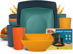 Teivio 16-piece Plastic Wheat Straw Square Dinnerware Set for 4, Unbreakable Dinner Plates, Salad Plates, Snack Bowls, Tumblers 13.5 oz, Dishwasher Safe, Autumn Multicolor