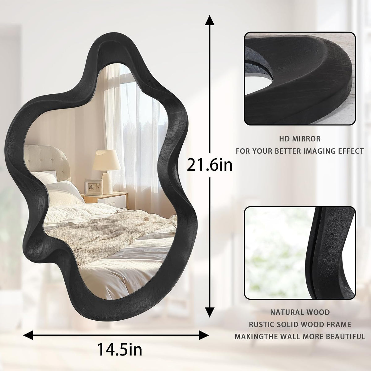 Large Irregular Wavy Mirror Modern Cloud Wall Mirror Asymmetrical Wooden Framed Wall Mirror Wall Mounted Unique Shape Vanity Artistic Mirror Decor for Bedroom Living Room Bathroom Entryway