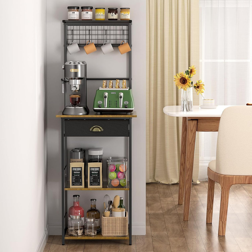 5 Tier Coffee Bar Station with Drawer, Kitchen Stand with 4 S-Shaped Hooks, Farmhouse Corner Coffee Bar Cabinet for Small Spaces, Bakers Rack for Kitchen, Living Room, 13.43" D x 18.93" W x 53.31" H