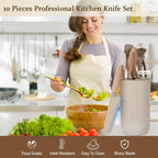 Knife Set, 10 Pieces Professional Kitchen Knife Set with Universal Knife Block, Non-stick Heat Resistan Kitchen Tools and Gadgets with Wooden Handle (Khaki)