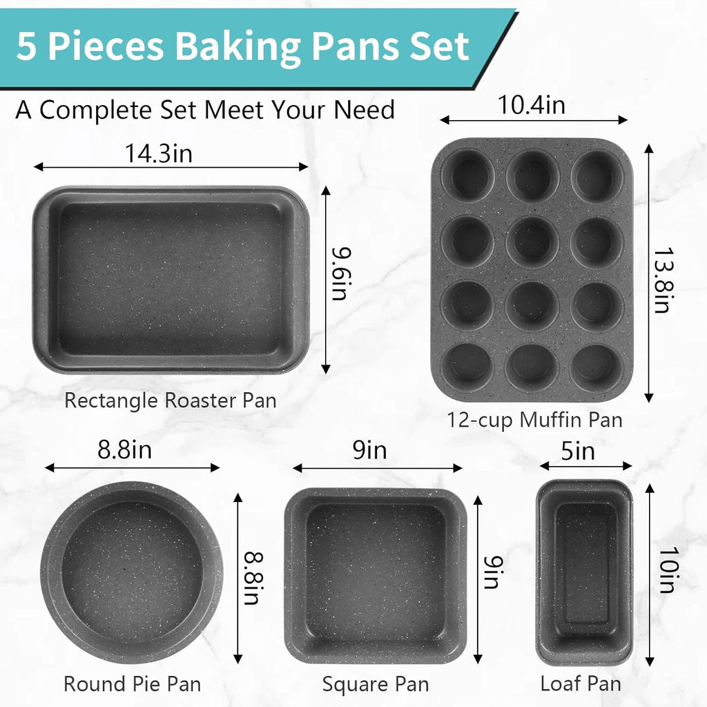 Baking Pans Set, 5 Piece Grey Marble Bakeware with Cupcake Liners