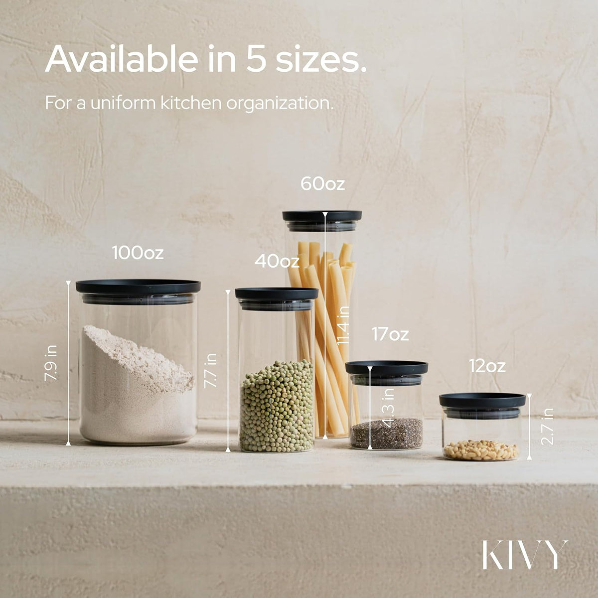 KIVY Airtight Glass Jars with transparent Lids & Labels 3x 40oz - Stackable