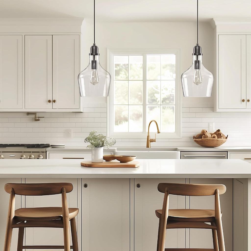 INK+IVY Auburn Pendant Kitchen Lighting for Dining Room, Industrial Lights, Hand-blown Glass Bell Shaped Pendant Light for Kitchen Island, Foyer, Bedroom, 9" Dia x 95.5" H, Bronze/Clear