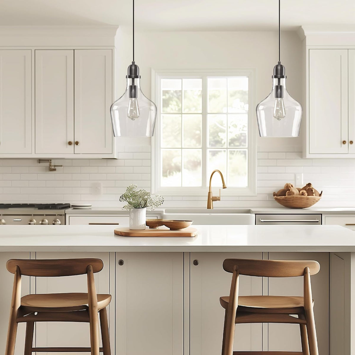 INK+IVY Auburn Pendant Kitchen Lighting for Dining Room, Industrial Lights, Hand-blown Glass Bell Shaped Pendant Light for Kitchen Island, Foyer, Bedroom, 9" Dia x 95.5" H, Bronze/Clear