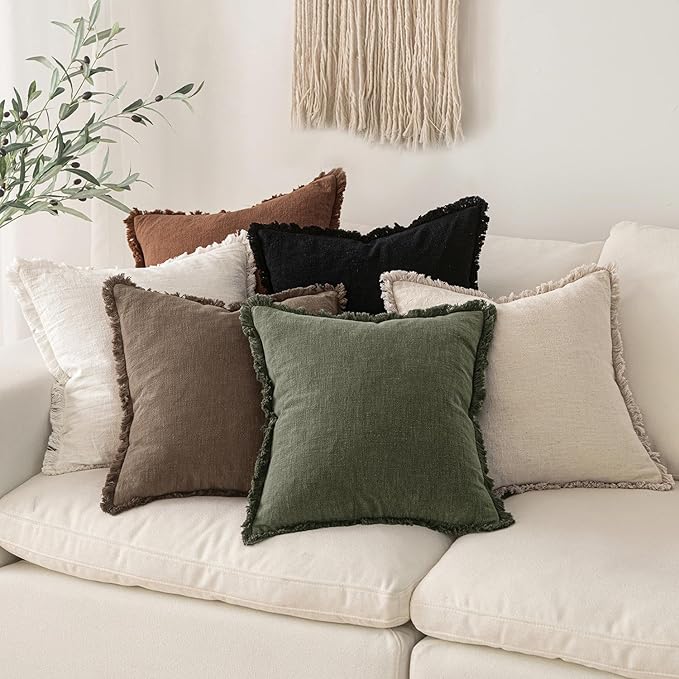 MIULEE Decorative Throw Pillow Covers Neutral Linen Fringe Throw Pillows Set of - Image 6