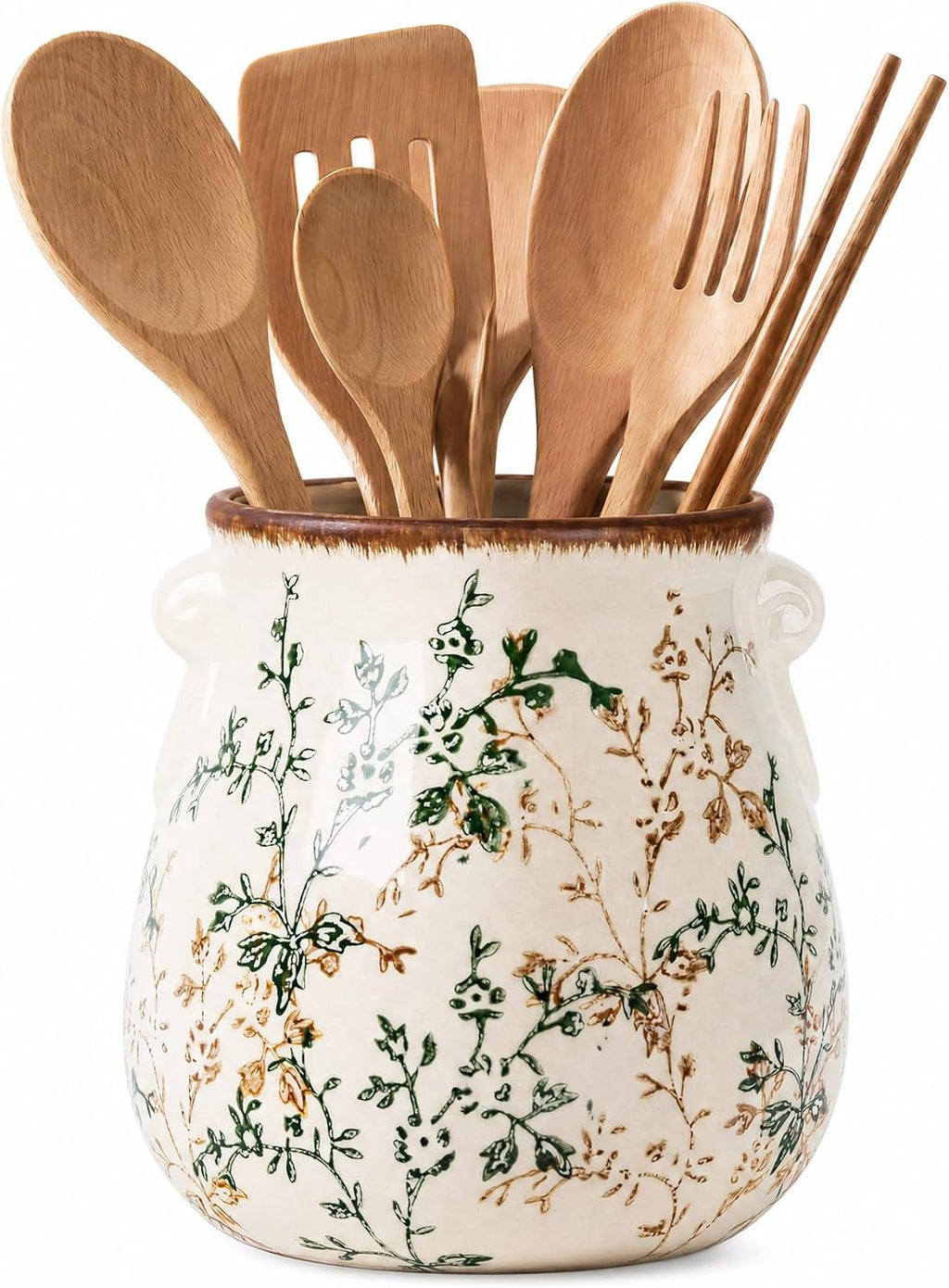 Utensil Holder for Kitchen Counter Ceramic Cooking Utensil Crock Organizer for Countertop Heavy Large Holder for Spatulas Spoons Kitchen Counter Decor Vintage Floral Vine
