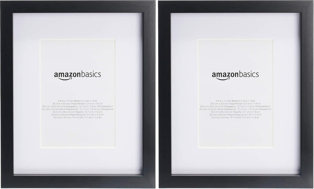 Amazon Basics Rectangular Picture Frame Set for Wall Hanging or Tabletop Display, 8 x 10 in with 5 x 7 in Mat, Black, 2-Pack