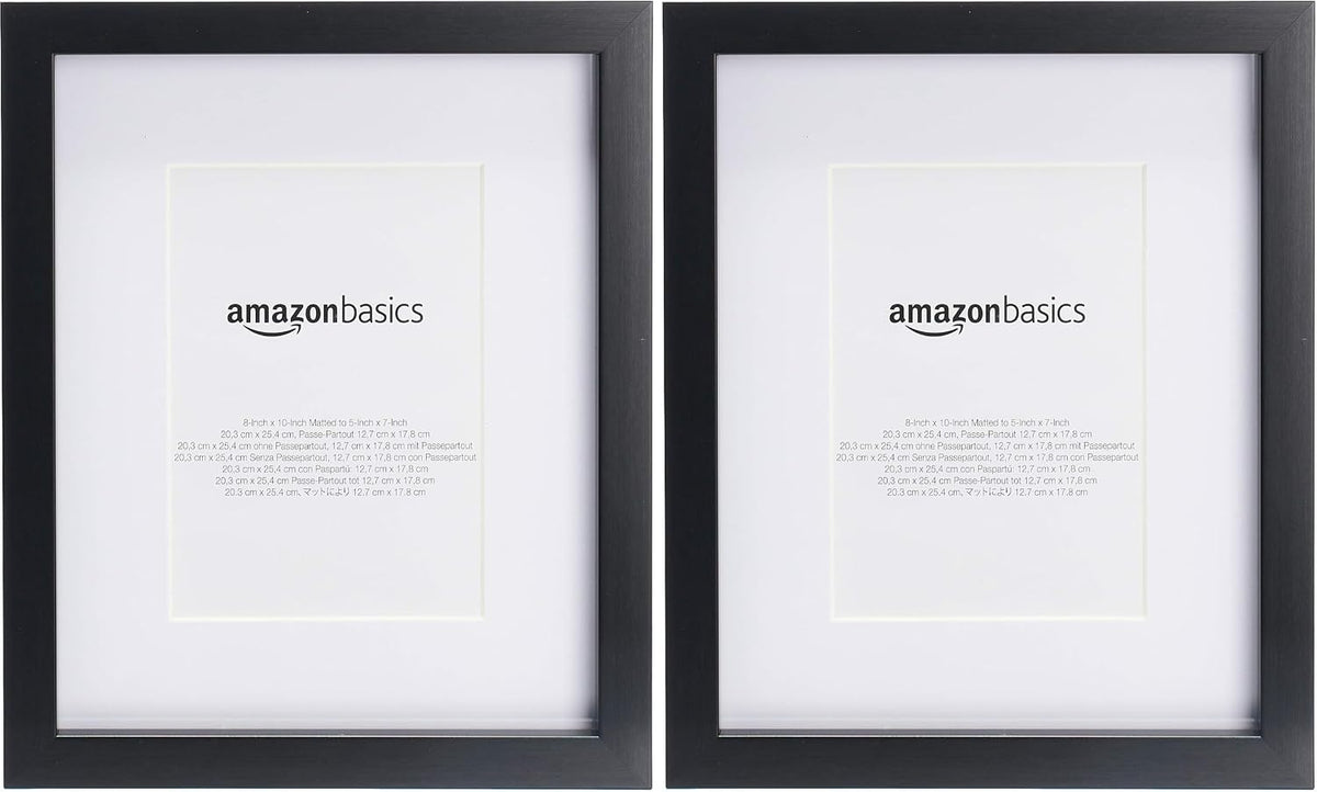 Amazon Basics Rectangular Picture Frame Set for Wall Hanging or Tabletop Display, 8 x 10 in with 5 x 7 in Mat, Black, 2-Pack