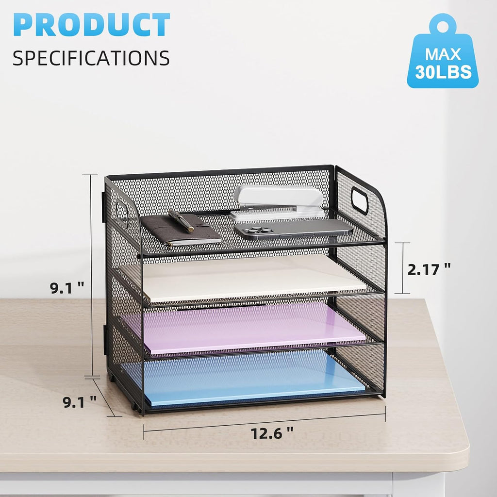 Marbrasse 4 Tier Paper Organizer Letter Tray - Mesh Desk File Organizer with Handle, Paper Sorter Organizer for Letter/A4 Office File Folder Holder (Black, 12.6" x 9.1" x 9.1")