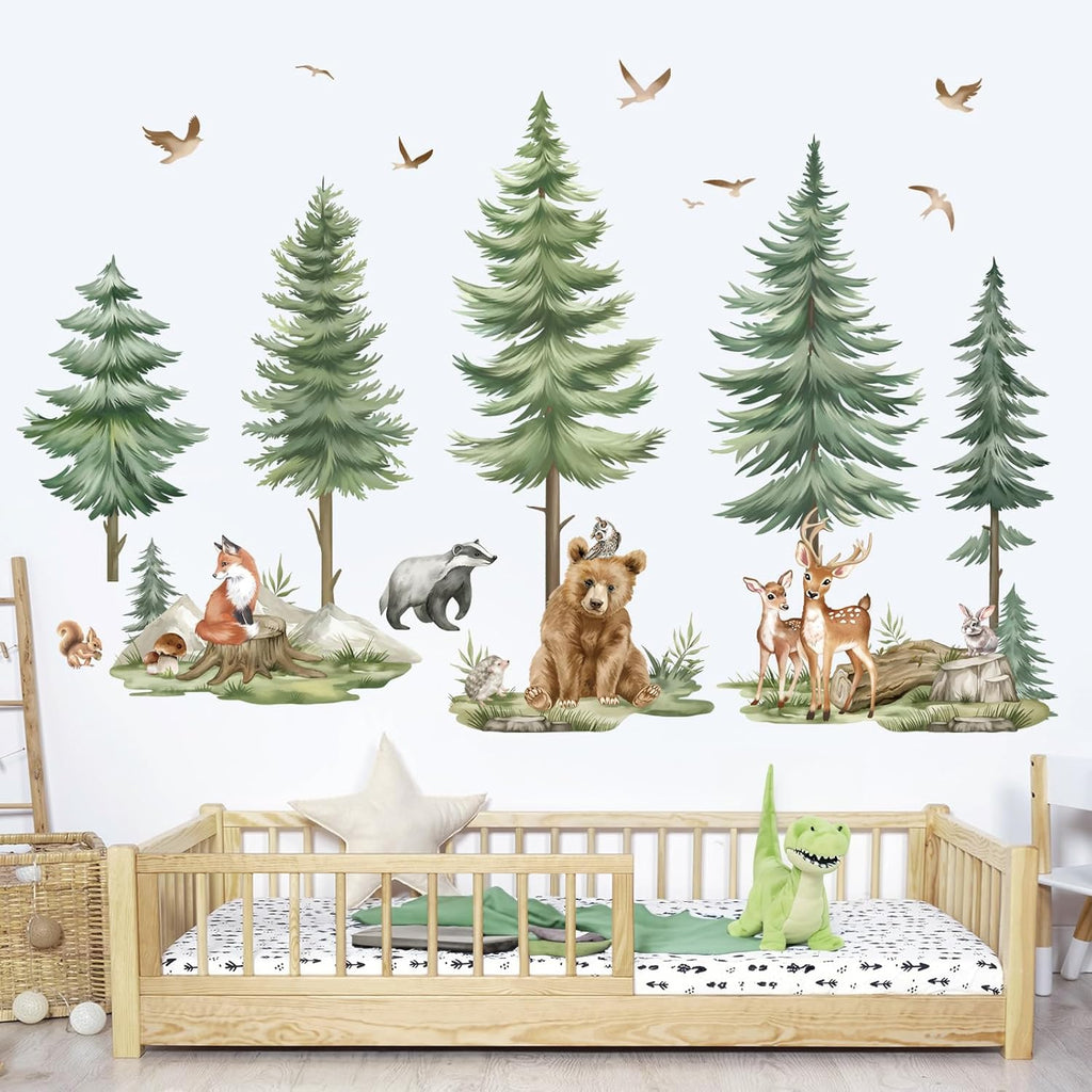 wondever Mountain Tree Wall Decals Forest Animals Bear Deer Wall Stickers