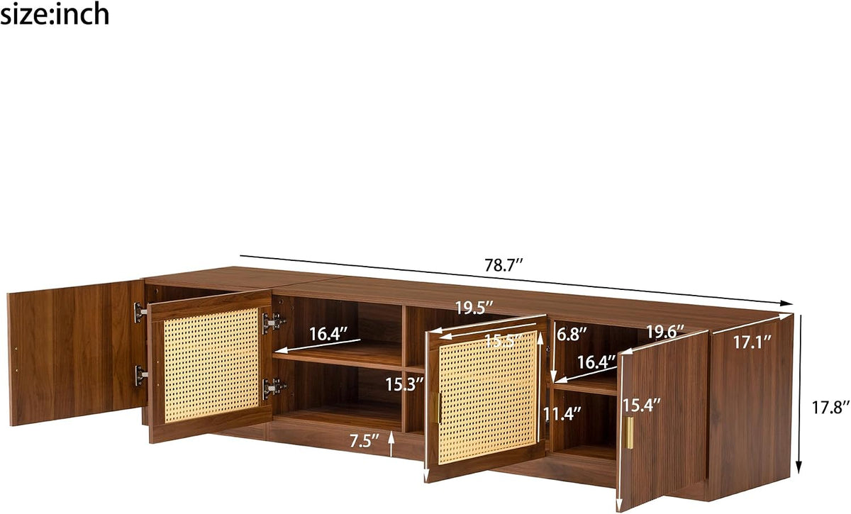 78 Inch Media Console with Fluted & Rattan Doors, Walnut TV Stand for 75–85 Inch TVs, Adjustable Shelves, Sturdy MDF Construction with Cable Management, Retro Entertainment Center for Living Room