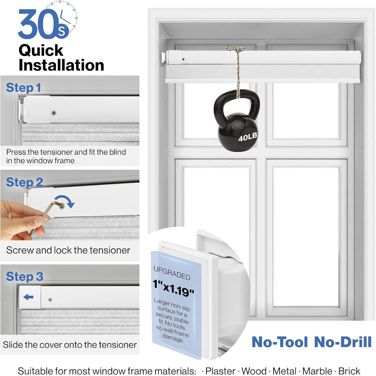 No Drill Blackout Cellular Shades, White, 36" W x 64" H