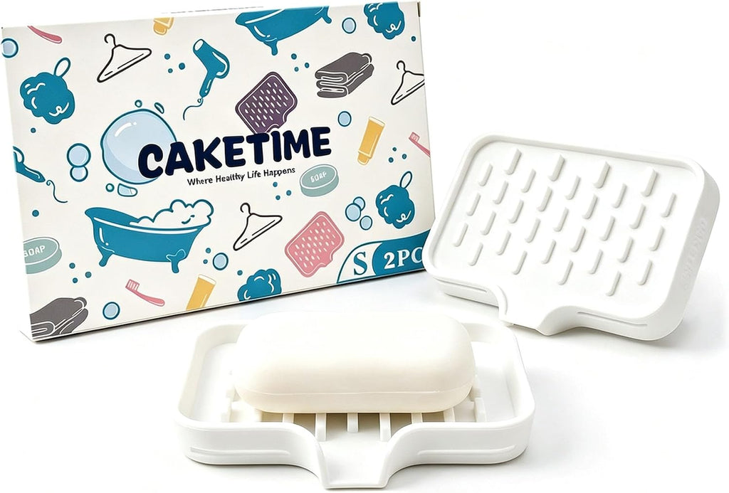 CAKETIME 2 Pack Silicone Soap Dish with Drainage Holes for Bathroom Shower Caddy Kitchen Counter Sponge Holder Saver Tray Sink Accessories Jabonera Storage Solution Funny Gifts for Women White