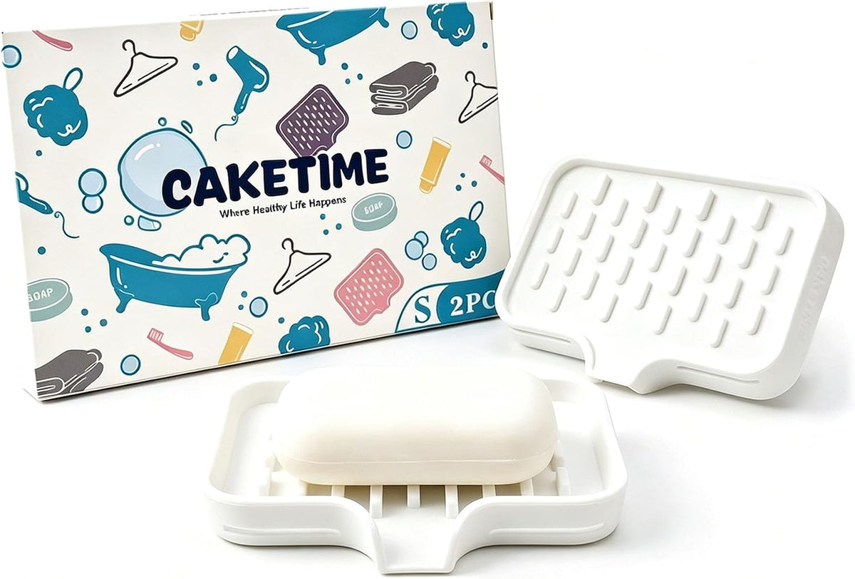 CAKETIME 2 Pack Silicone Soap Dish with Drainage Holes for Bathroom Shower Caddy Kitchen Counter Sponge Holder Saver Tray Sink Accessories Jabonera Storage Solution Funny Gifts for Women White
