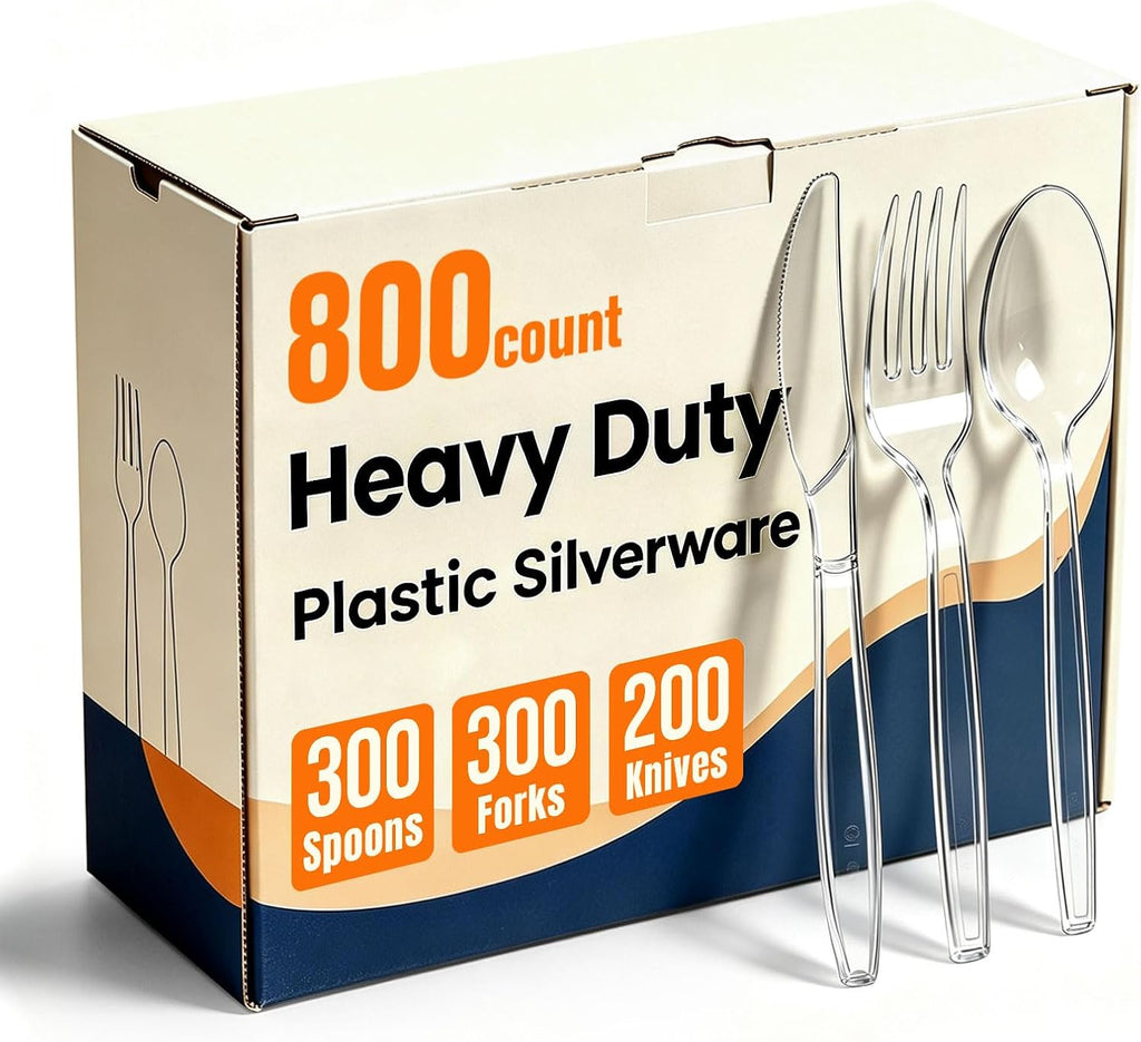 800 Count Plastic Silverware Heavy Duty, 300 Forks, 300 Spoons, 200 Knives