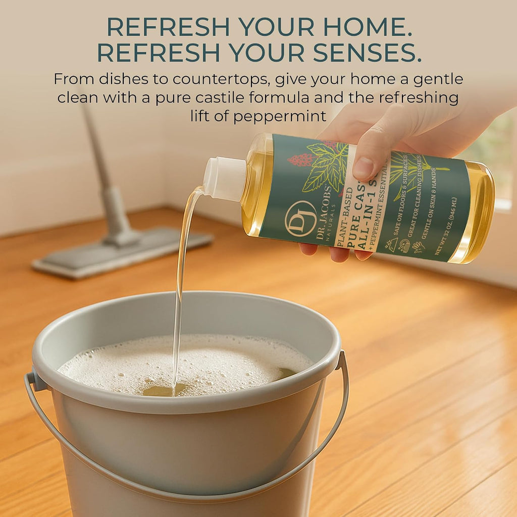 Dr. Jacobs Naturals Peppermint Castile All-in-One Cleaner and Soap - Plant-Based Formula for House Cleaning Floors and Appliances - Gentle on Skin and the Planet - 32 oz, 1 Pack