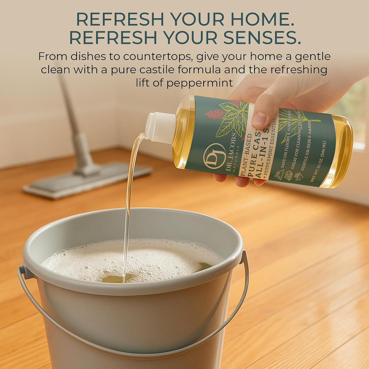 Dr. Jacobs Naturals Peppermint Castile All-in-One Cleaner and Soap - Plant-Based Formula for House Cleaning Floors and Appliances - Gentle on Skin and the Planet - 32 oz, 1 Pack