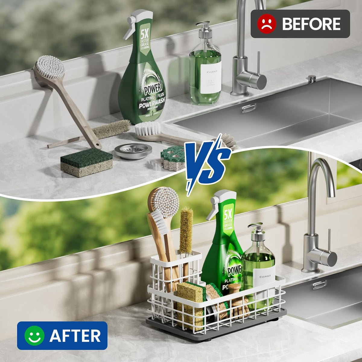 Extra Large Sink Caddy with Drying Stone, Sponge & Brush Holder for Kitchen