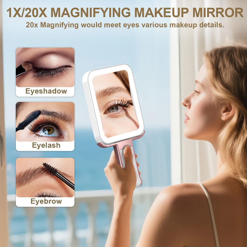 Mocado Travel Makeup Mirror with Light, 1x/10x Magnifying Mirror With Light, 3 Colors Lighted Magnifying Mirror, 2000mAh Rechargeable Lighted Makeup Mirror, Dimmable Touch, Memory Function (Rose Gold)