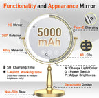 Vanity Mirror with Lights, 9'' Lighted Makeup Mirror, 1X/20X Double Sided Magnifying Mirror, 5000mAh Rechargeable, 3 Color Dimmable LED, 360° Rotation Desk Mirror for Makeup & Skincare, Gold