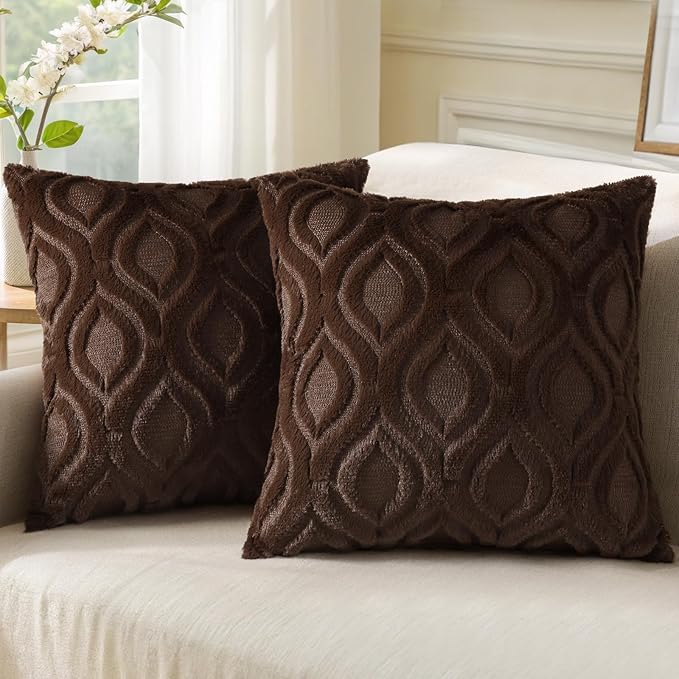 decorUhome Throw Pillow Covers 16x16 Inch Set of 2, Soft Plush Faux Wool Dark by decorUhome