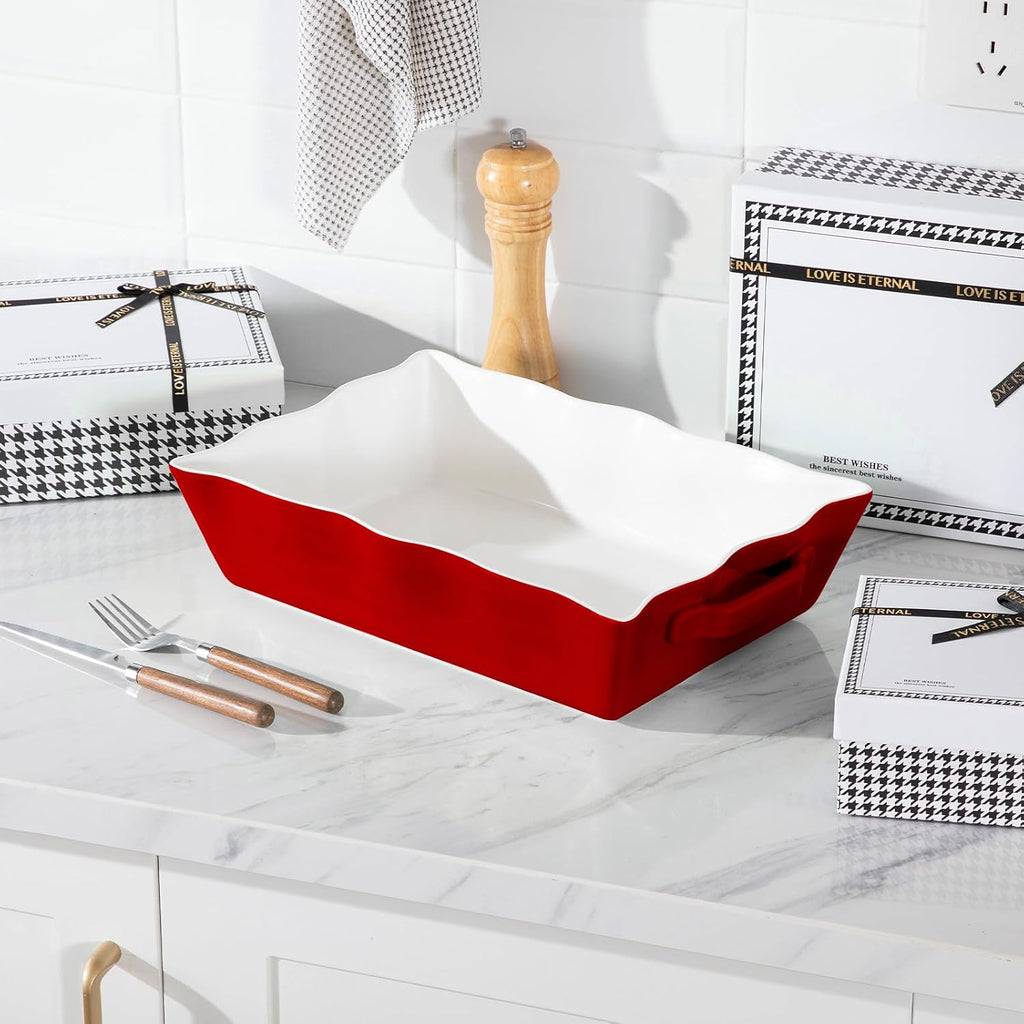 Sweejar Casserole Dishes for Oven, Ceramic Bakeware Set of 3, Rectangular Baking dish with Handles, Wave Edge Lasagna Pan Deep for Cooking, Cake, Dinner, Banquet and Daily Use (Baking dish(Set of 1), Red)