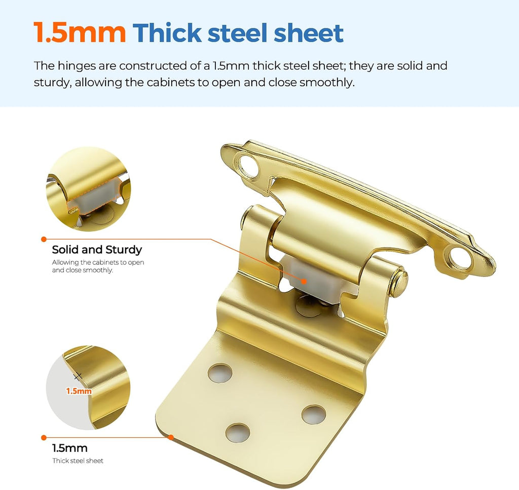 60 Pack 30 Pairs Gold Self-Close Cabinet Hinges, 3/8 Inch Inset
